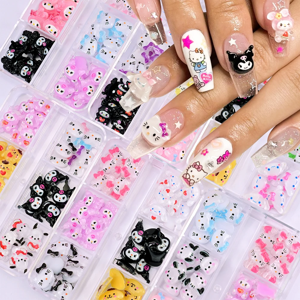 48 unids/caja Kawaii mezclado Sanrio dijes de uñas de resina de dibujos animados Hello Kitty Kuromi diamantes de imitación para uñas DIY decoración para manualidades de uñas regalo