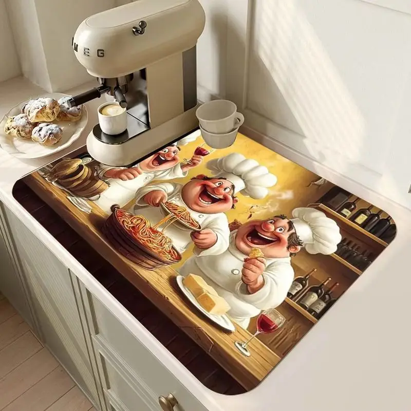 VIKAMA Chef Cartoon Dish Drying Mat Let And Be Happy Print Absorbent Non Slip Counter Pad For Kitchen Dining Room Decor