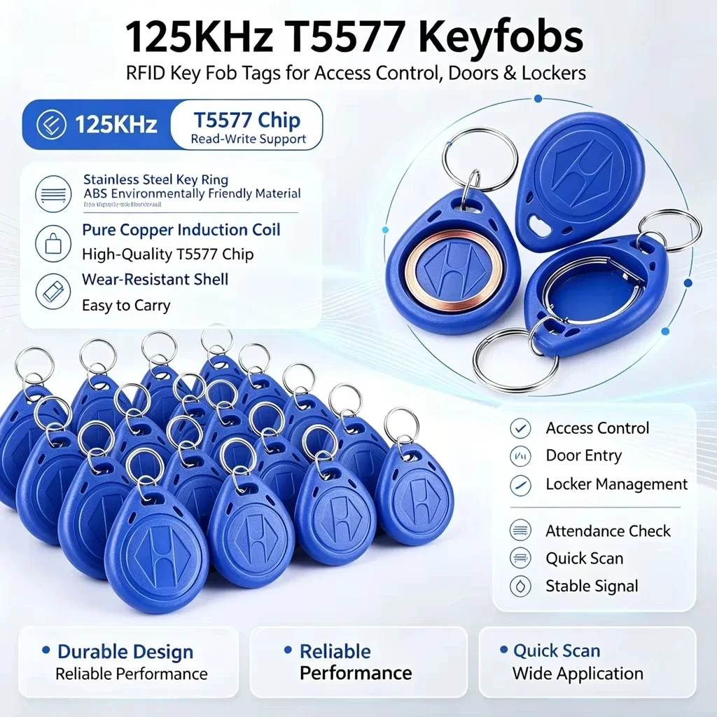 50/100pcs T5577 Rewritable 125KHz RFID Key Fob – Copy & Duplicate Proximity Token, Keyfobs Can Copy Card