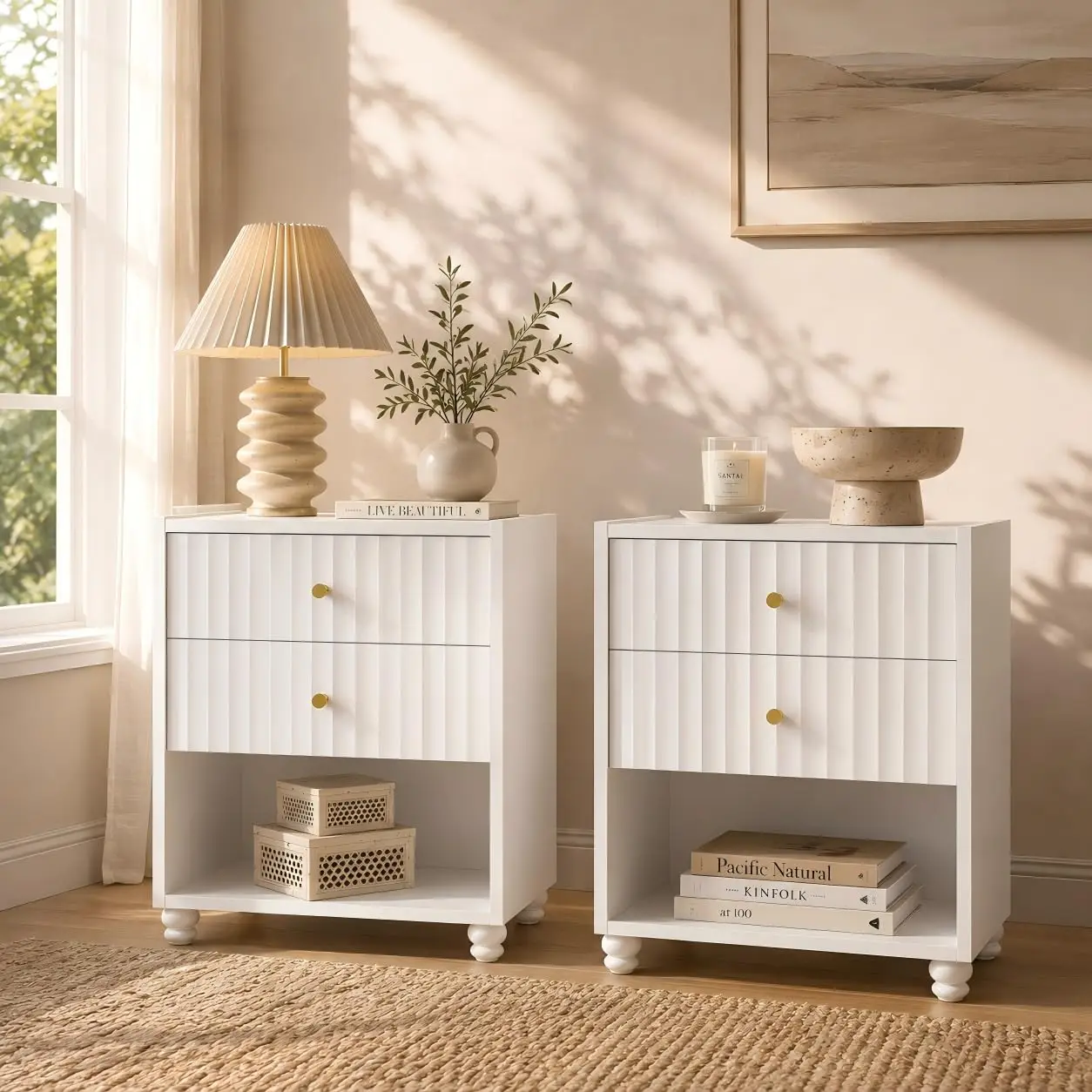 22 Inch Tall White Nightstand Set Of 2 With 2 Drawers & Open Shelf, Small End Table With Gold Handle For Bedroom, Customized