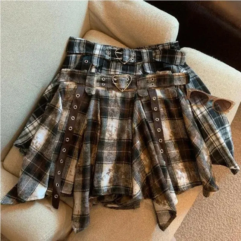 

Gothic Plaid Vintage Street Skirt American Irregular High Waist Classic Skirt Drift Harajuku Y2K Subculture Preppy Skirt