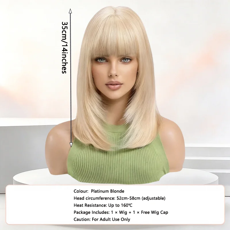 Creamy Blonde Wig with Bangs Shoulder Length Layered Straight Heat Resistant Synthetic Hair for Women Daily Party Cosplay Wear