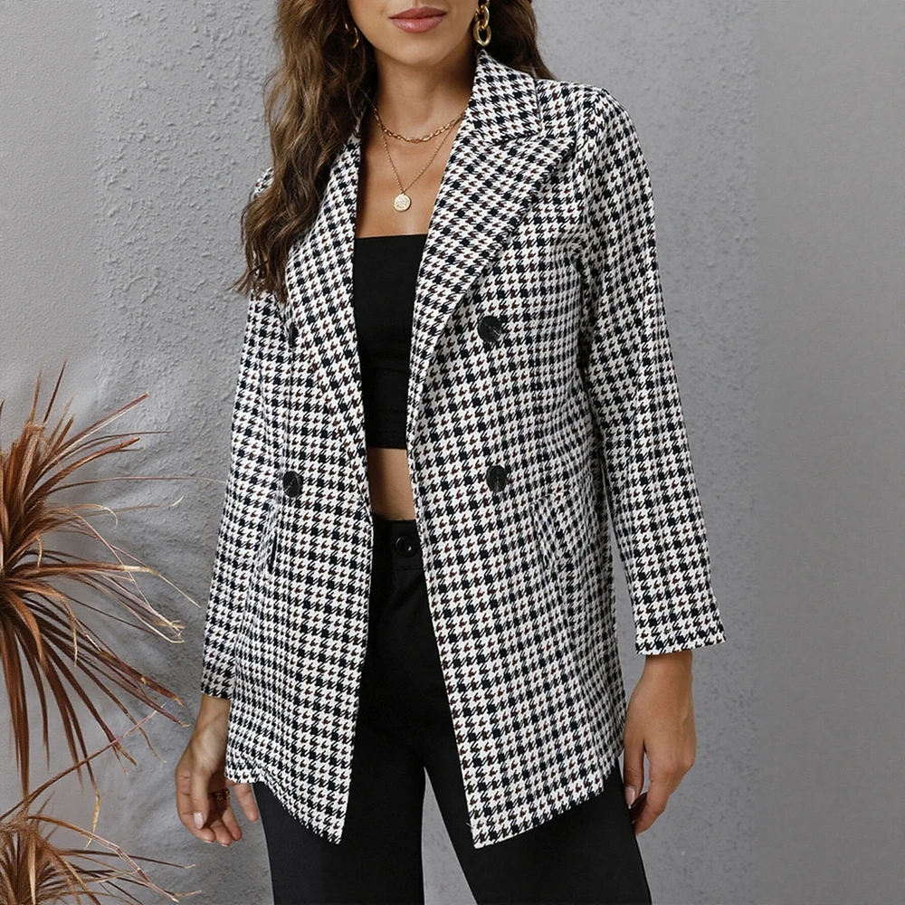 

Осенне-зимние женские пиджаки, шикарные приличные двубортные длинные пиджаки с узором «гусиные лапки» и длинными рукавами