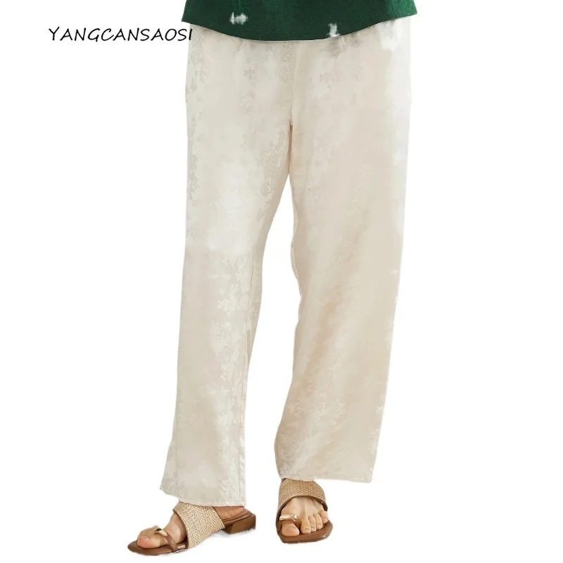 

Women's Fashion Autumn Clothing 100%Natural Mulberry Silk Jacquard Flower Rose High Waist Solid Double Pocket Straight Leg Pants