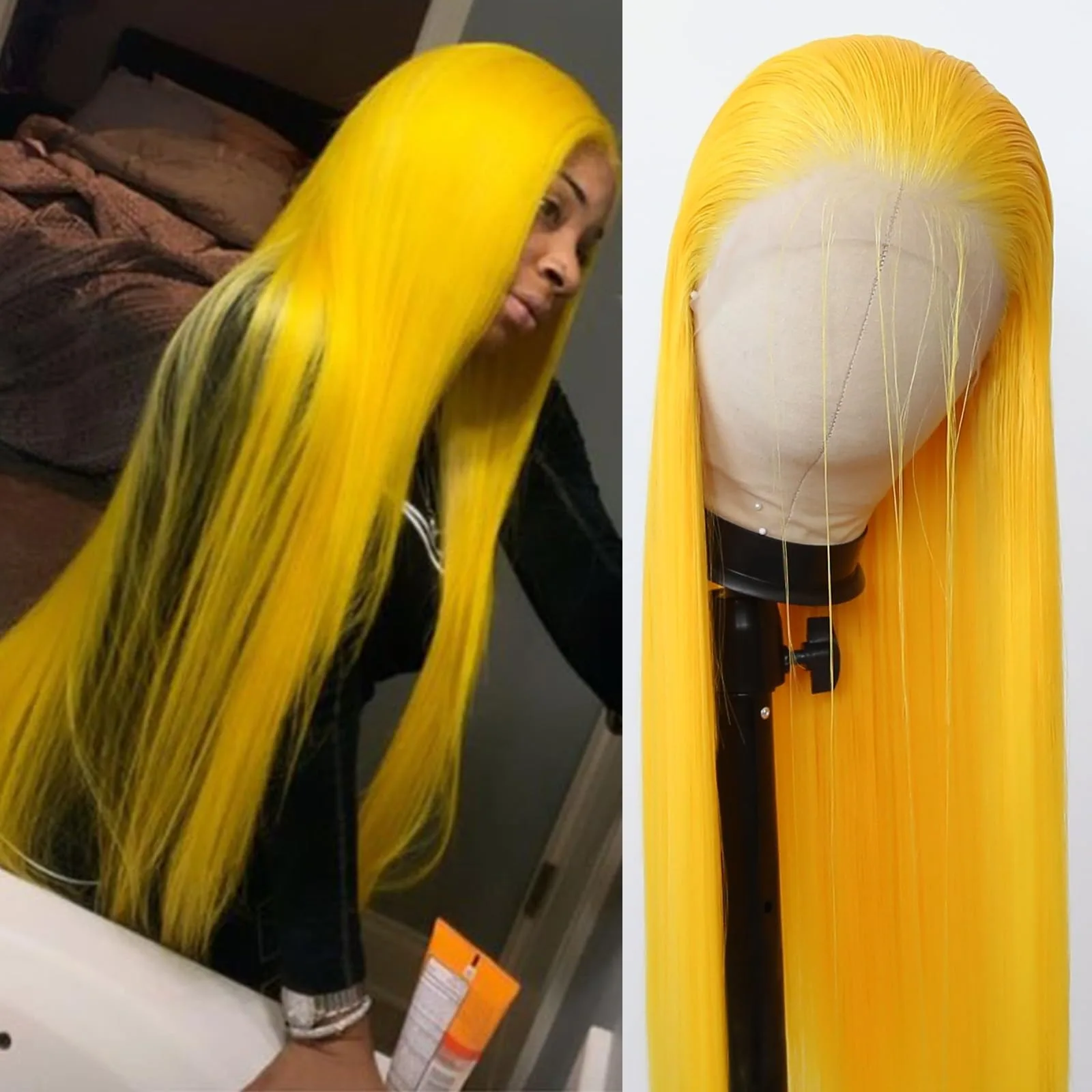 Yellow Wig Bone Straight Lace Front Wig 13x4 HD Synthetic Lace Forntal Wig Pre Plucked Glueless Daily Use Cosplay Cheap Wigs