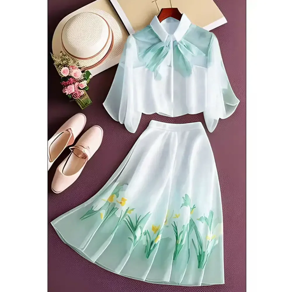 

Womens Outifits Short Sleeve Print Shirts Lady Ropa Mujer Chiffon Tops Temperament Blouse Faldas Floral Skirts Two Piece Sets