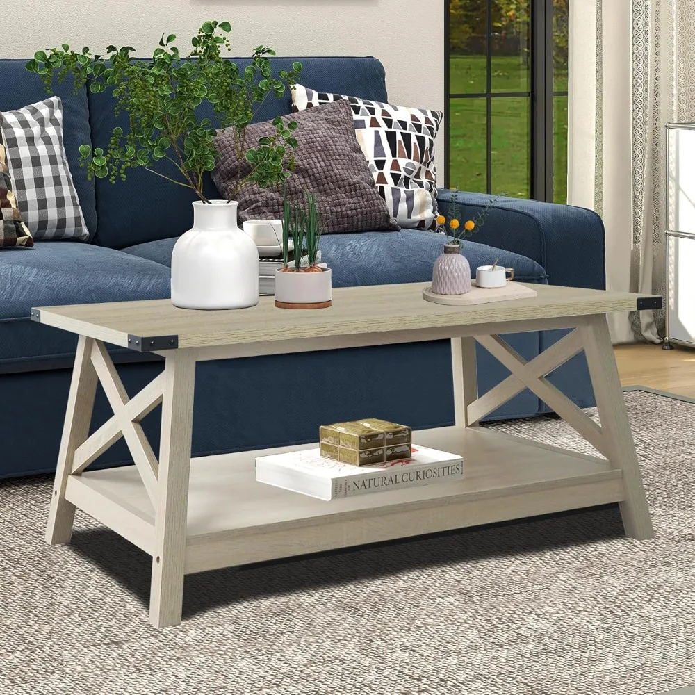 

Rainbow Farmhouse Coffee Table with Corner Protection, 40 Inch, White Oak