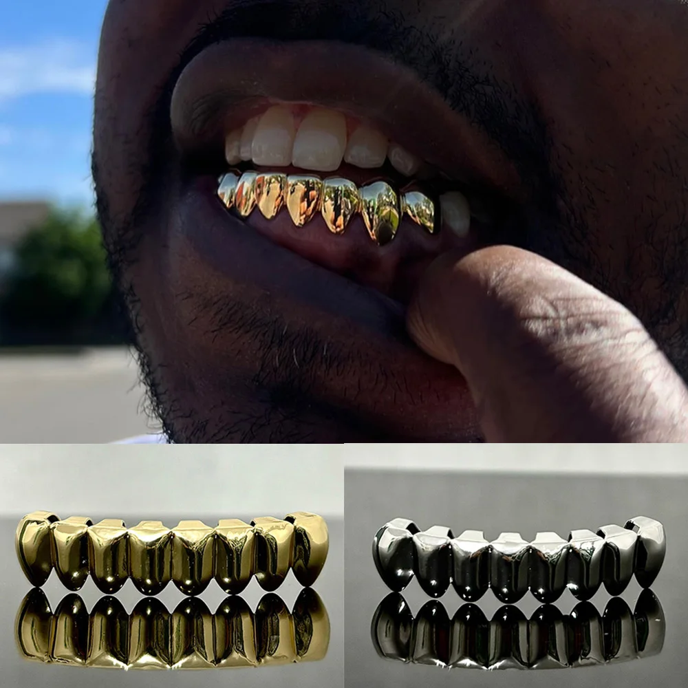 RACHELZ Ouro Prata Cor Brilhante Fundo Dentes Grillz Braces Hip Hop 8 Tampas de Dentes Para Mulheres Homens Jóias Cosplay Grelhas Dentárias