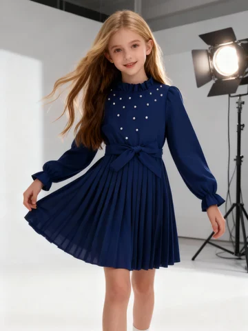 Summer Girls' Fashionable Cute Little Stand Up Collar Long Sleeved Solid Color Pleated Long Skirt Daily Casual Dress