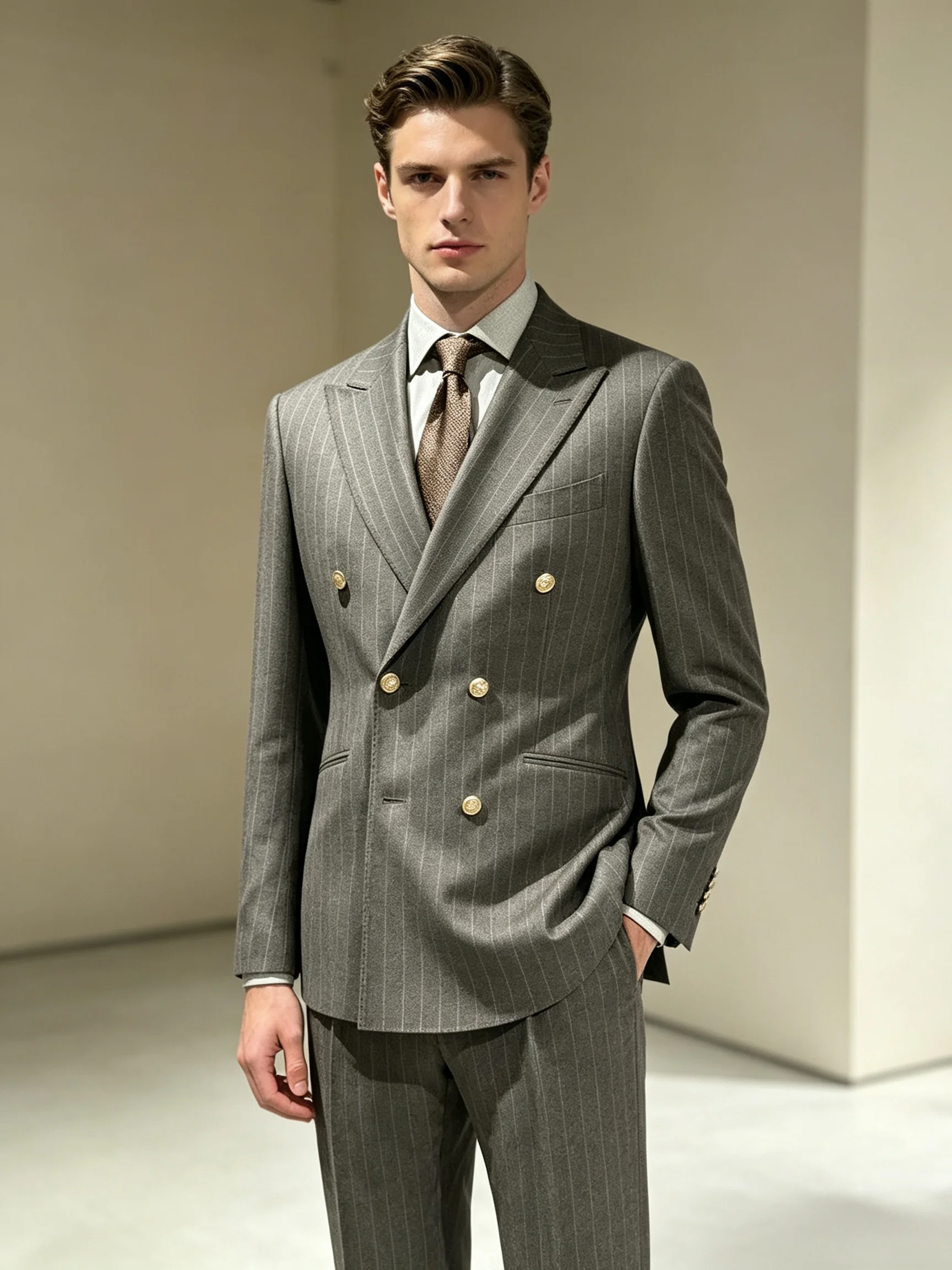 Fashion Striped Men Suits 2 Pieces Wool Double Breasted Peaked Slim Fit Lapel Formal Business Groom Prom Wedding Outfit Custom