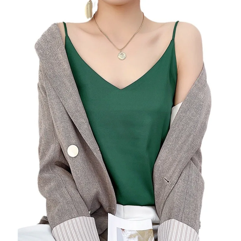 Slim Fit Front Rear V-Neck Single Shoulder Strap Sleeveless Solid Color Simple Versatile Imitation Silk Camisole Vest Summer Cam