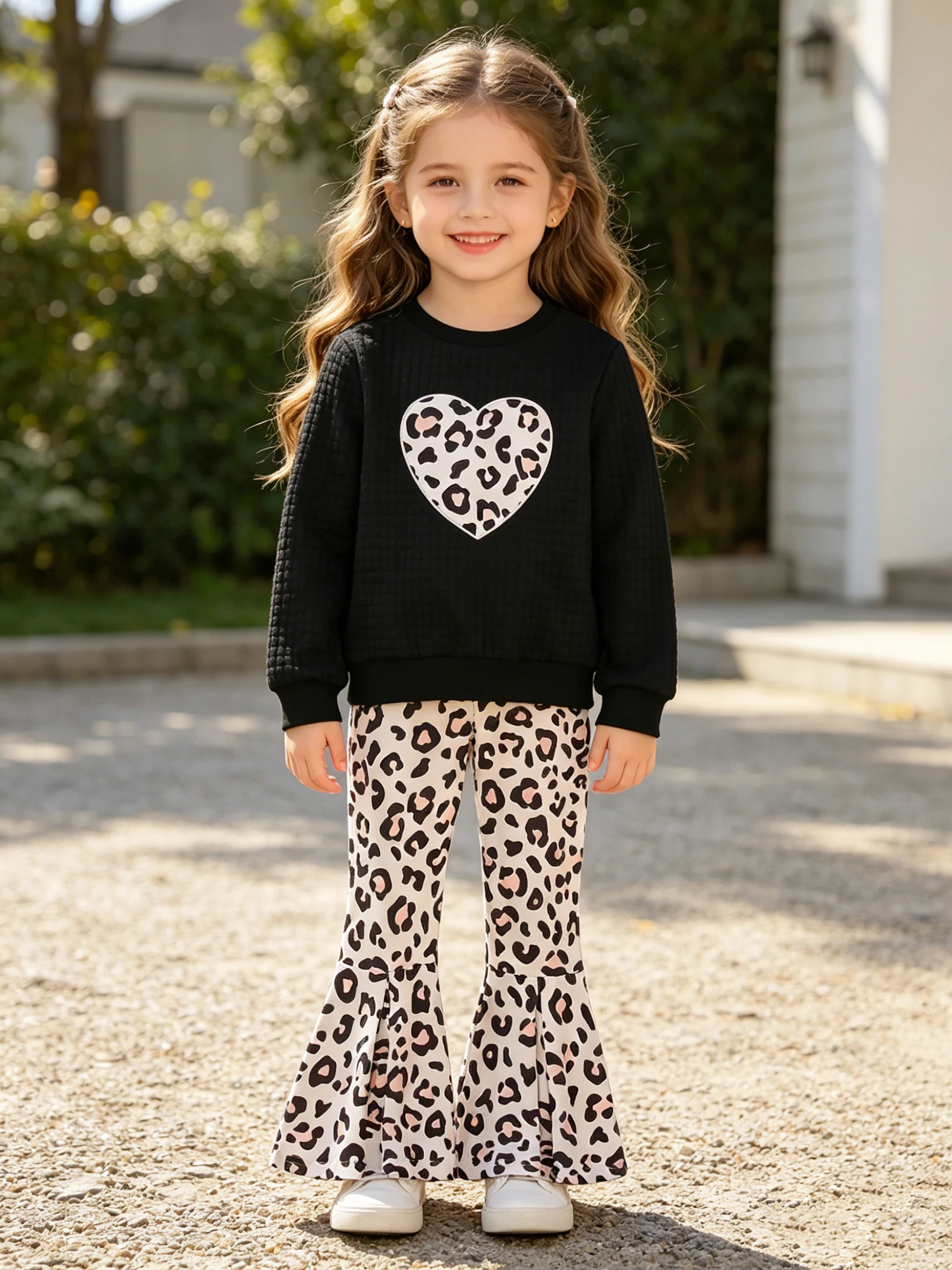Girls' children's clothing solid color round neck long sleeved heart-shaped printed top+leopard print elastic waist pants set