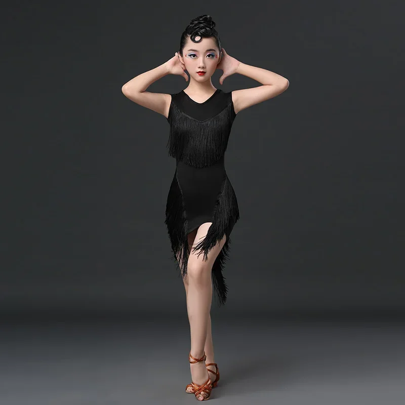 Girls summer Latin dance clothing children's competition performance training dress tassel dress girl grade test dress