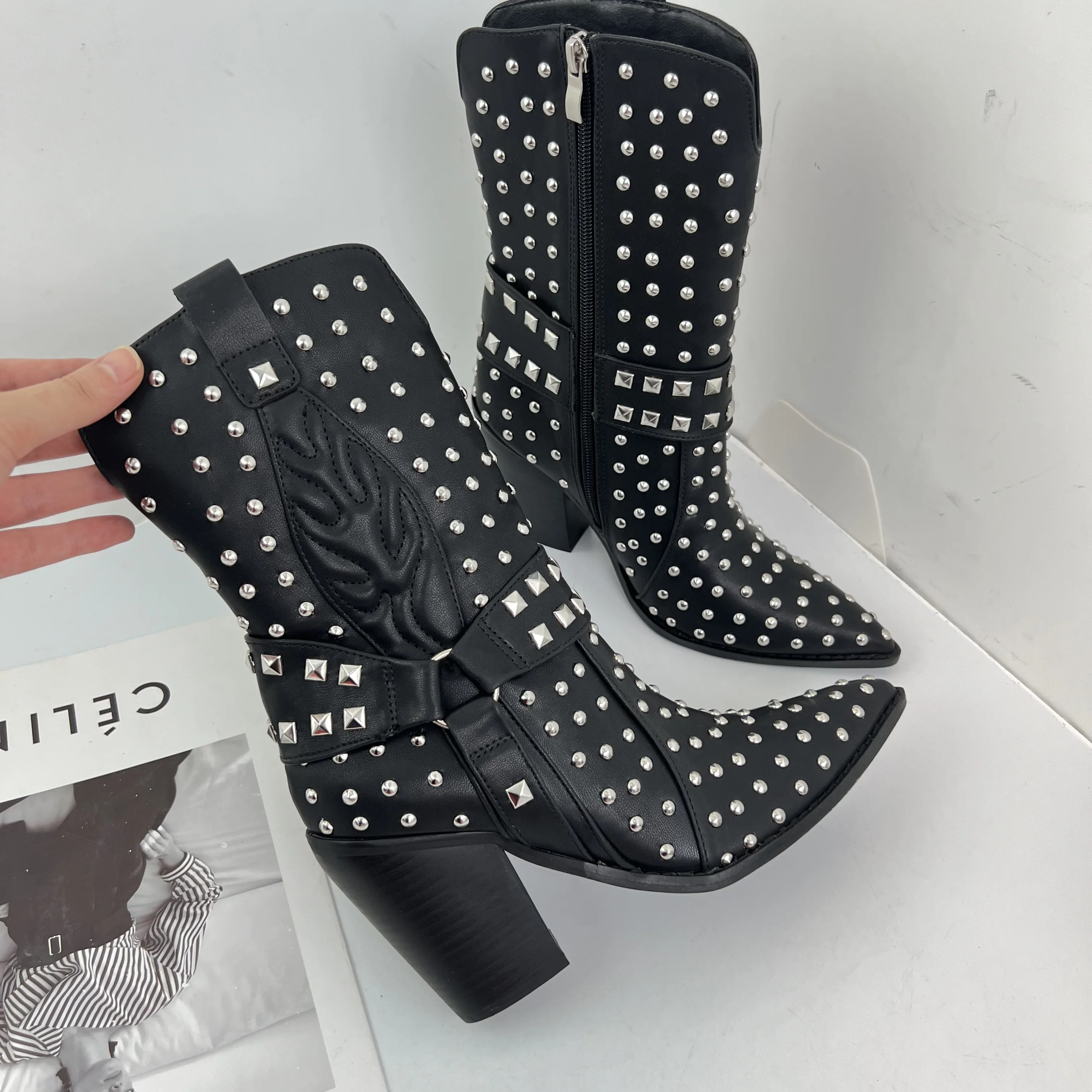 

Goth Black Pointed Toe Full Studded Buckle Zip Up High Heels Cowboy Boots Ankle Wide Calf Gothic Designer Boots For Lady