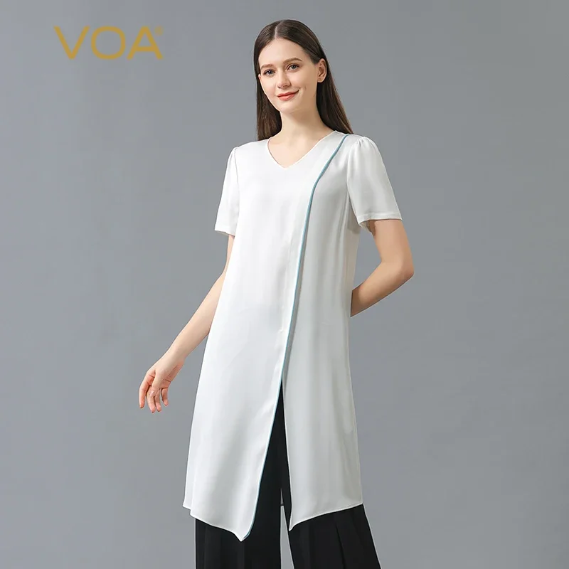 

VOA 40m/m Silk White Woman Tops V-Neck Short Sleeve Elegant Tshirts Open Thread Decorative Hem Split Long Loose T-shirt BE677