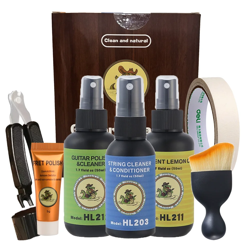 Kit todo en uno de limpieza de guitarra, limpiador de cuerdas de pulido de aceite de limón para diapasón, enrollador de cuerdas de guitarra para mantenimiento de limpieza de guitarra