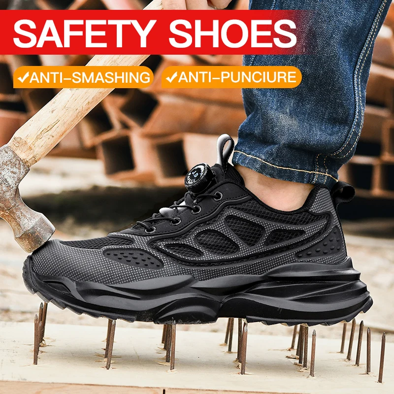 

Rotary Button Safety Shoes Men Steel Toe Sneakers Puncture Proof Work Safety Boots Air Cushion Sport Work Shoes Anti-smash Boots