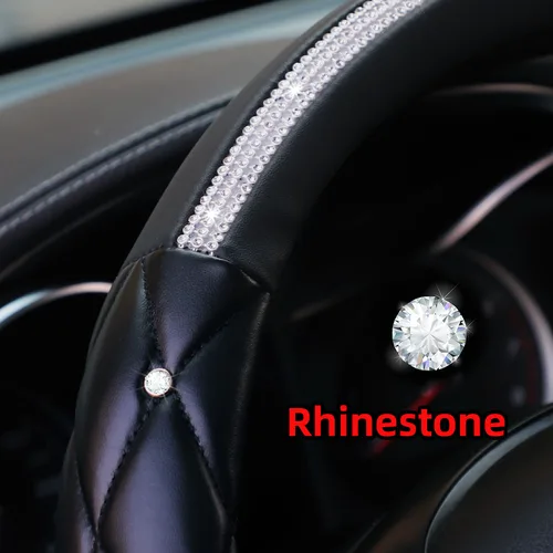 Imagen 2 del producto 1 coche estéreo de cuero con inserción de diamante falso Flash Blingbling con anillo interior protector para volante para accesorios de coche de 14,5-15 pulgadas