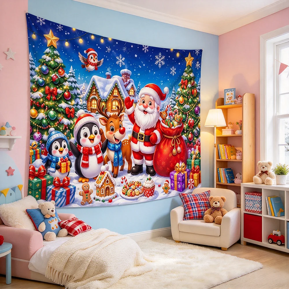 1PCS Tapestry, Cartoon Santa Penguin Reindeer Gingerbread Snowman Scene, Holiday Party Decoration for Home Studio Wall