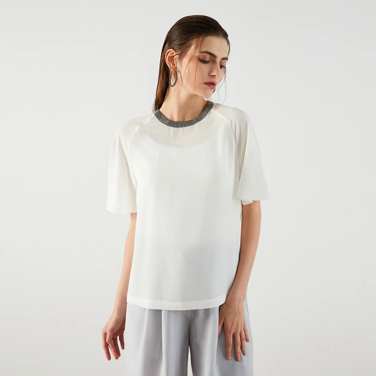 K1307W Round Neck Comfortable 100% Silk Women Tees Tops For Women Tee Shirts For Women Clothing