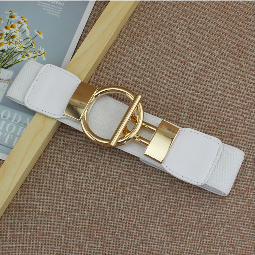 

1Pcs Women Wide Elastic Waist Belt White Fashion PU Round Buckle Cinch Belt Stretch Waistband Solid Waistband