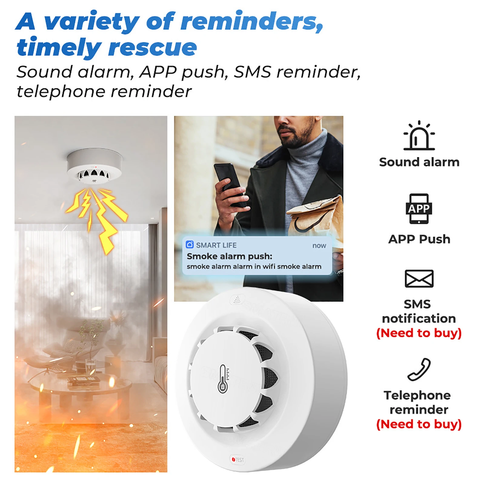 Tuya Wifi BT Two Connection Smoke Detector Temperature Humidity Measurement Device 80dB Sound Alarm view 4