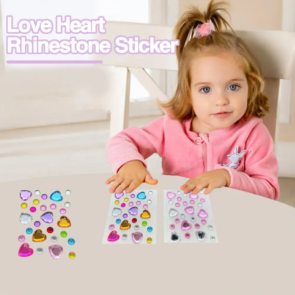 3 Sheets Colorful Rhinestone Sticker Love Heart Flower Star Shape DIY Phone Cover Kindergarten Kids Face Makeup Decal Kit