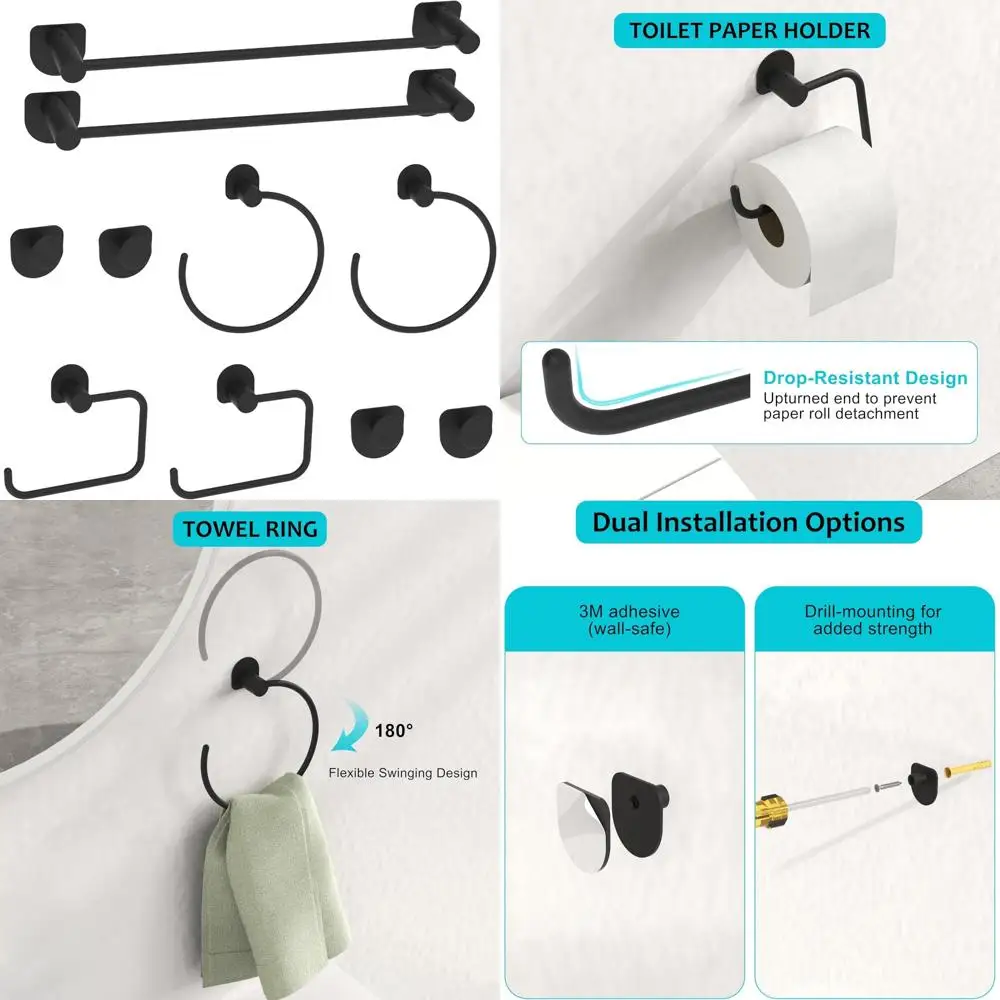 مجموعة أدوات الحمام الكاملة المكونة من 10 قطع باللون الأسود غير اللامع مع قضبان المناشف والخواتم والخطافات لديكور المنزل الحديث