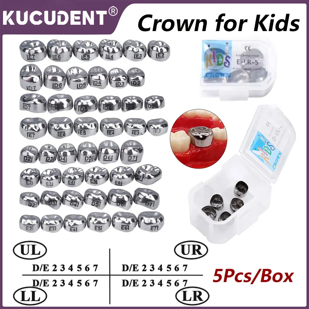 5Pcs Dental Crown Kids Primary Molar Teeth Refill Stainless Steel Temporary Crowns Pediatric for Left/Right 1st/2nd D2-D7/E2-E7