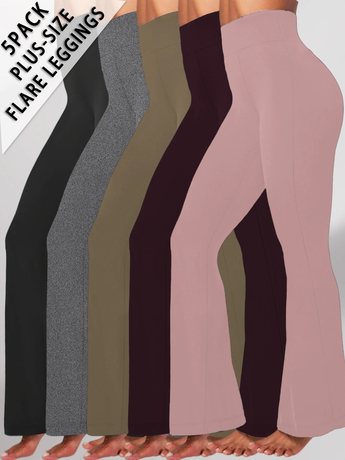 

5 Pack Plus Size Ladies high-rise flared yoga trousers with leg bottom. Perfect for yoga or casual.