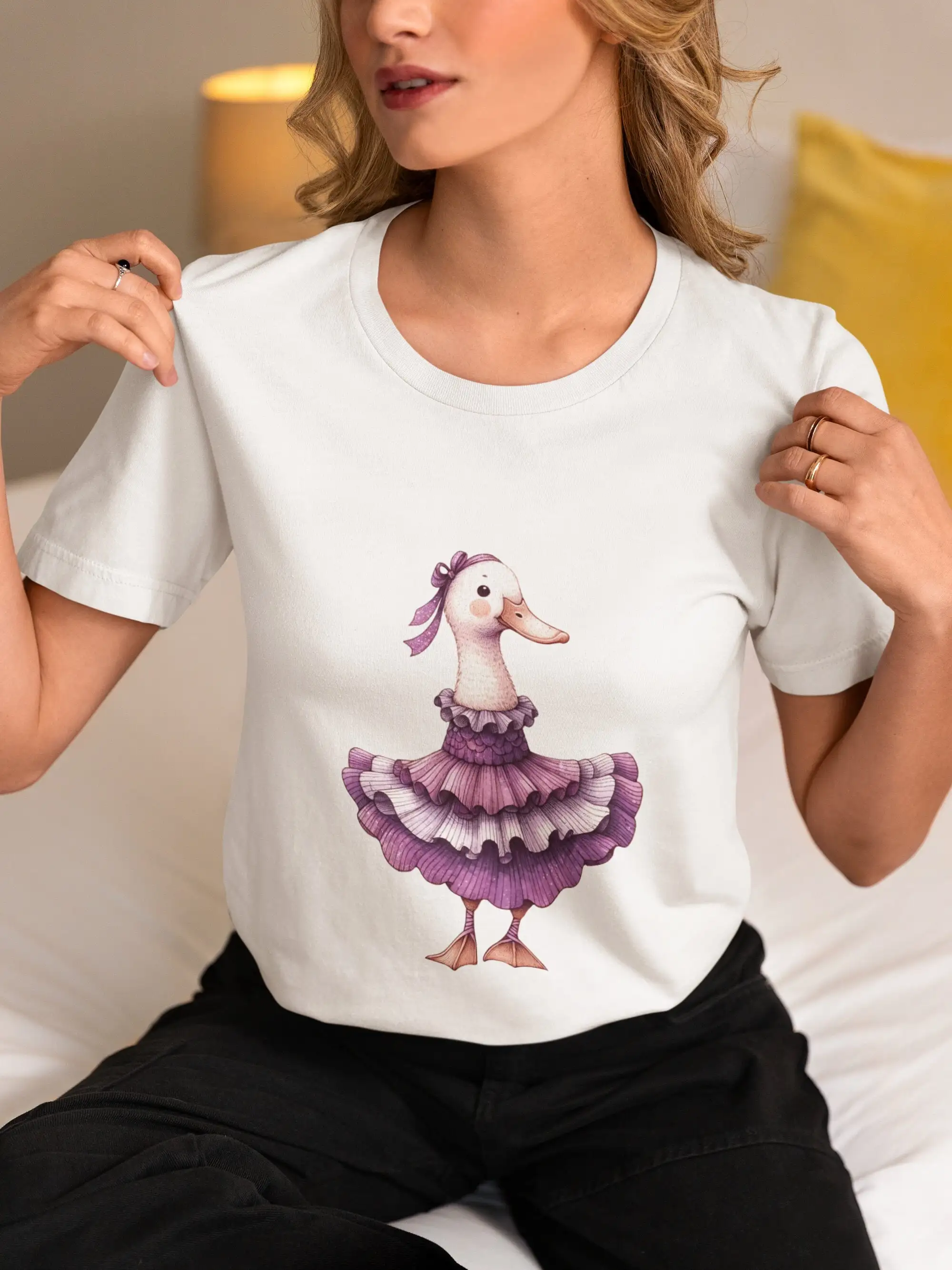 Whimsical Duck Ballerina T Shirt Fashionable Dance Themed Apparel Vibrant Ballet Illustration for Dancers Animal Lovers