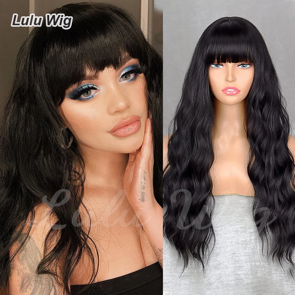 Black Wig with Bangs Long Black Wavy Wigs for Women Synthetic Wigs Black Curly Hair Wig for Girls Daily Party Use