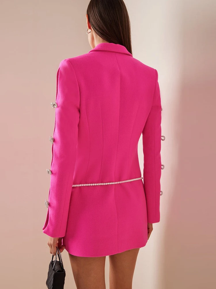 Blazer Dress Hot Pink Violet New Designer Long Sleeves Hollow Out with Diamond Bow Tie Pearl Sleeve Suit Party Dress Outfits