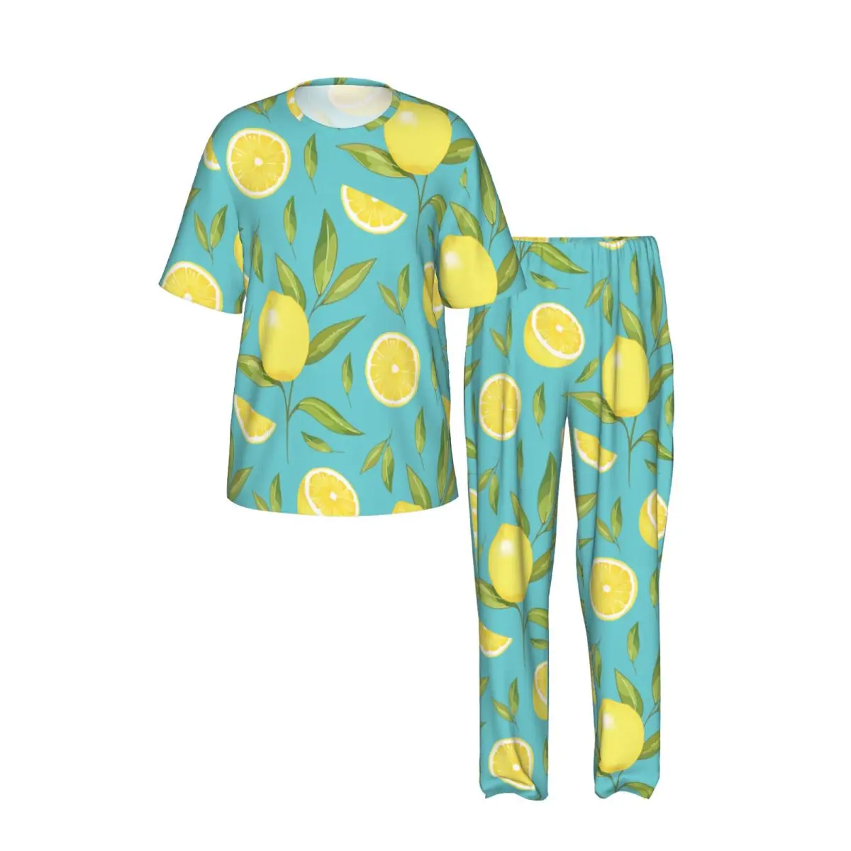 Men's Casual Pajamas Sets Short Sleeve and Pants Sets Male Sleepwear Yellow Lemon And Leaves Home Clothes