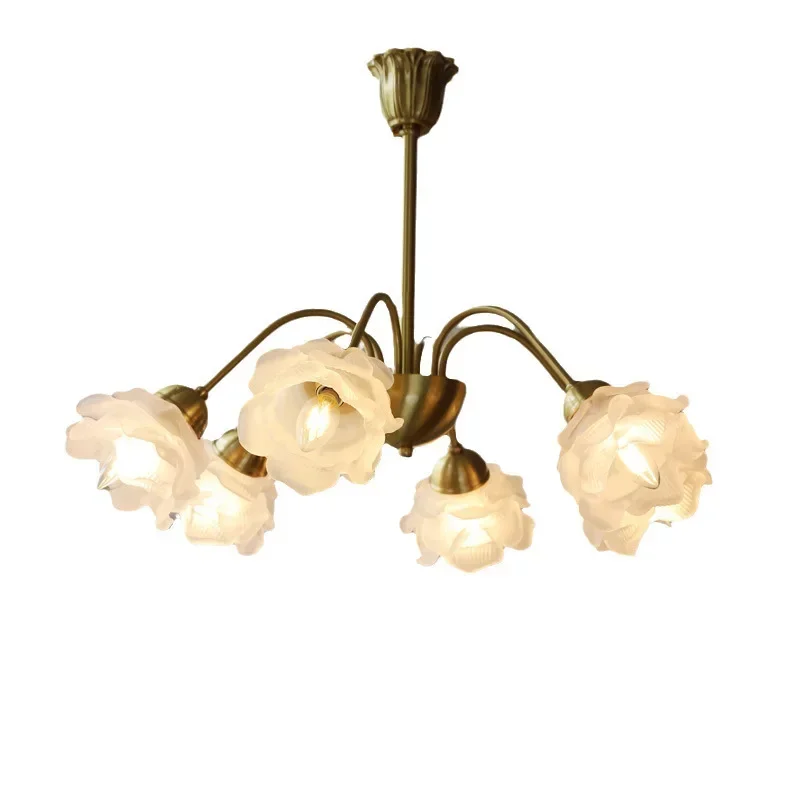 Glass Flower Ceiling Chandeliers White Rose LED Light Copper Hanging Lamps Room Decor Bedroom Nightlight Plafonnier Dining Room