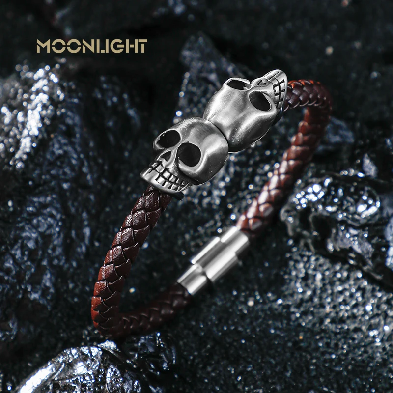 Punk Bracelet For Men Gothic Hand Skull Skeleton Black Braided Leather Bracelet Stainless Steel Magnetic Clasp Bangles Gift