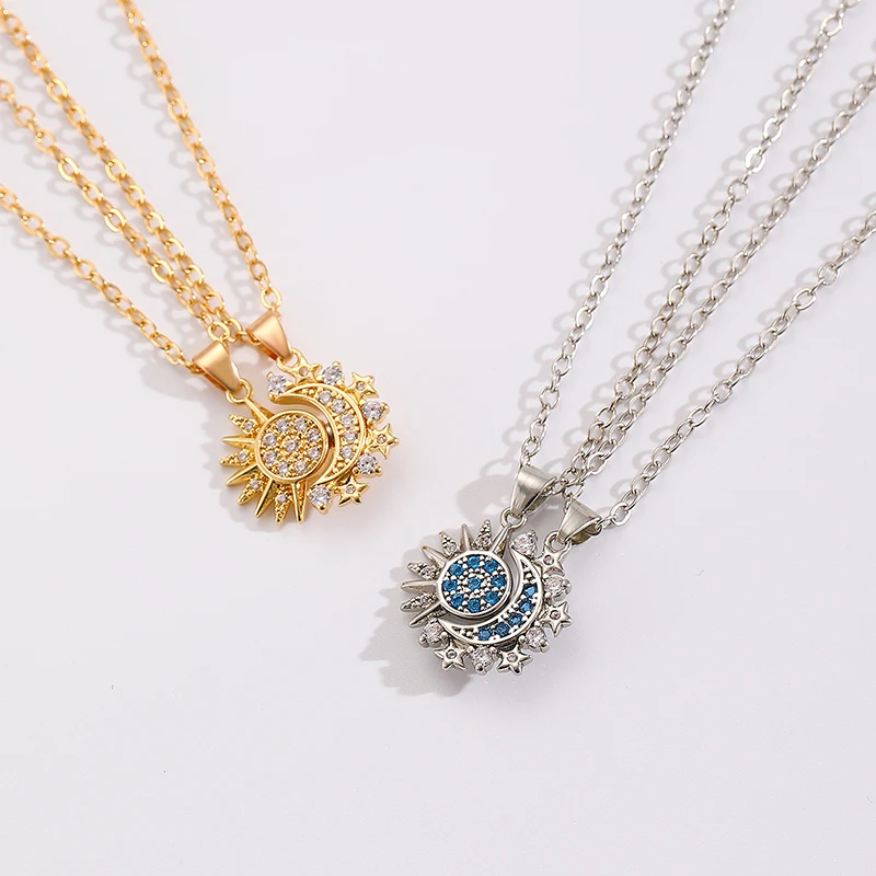 2-teiliges Set Magnetische Sonne-Mond-Anhänger Halsketten für Frauen und Männer Metall Zirkon Strass Sonne-Mond Paar-Halsketten Set Schmuck Geschenke – Detail 9