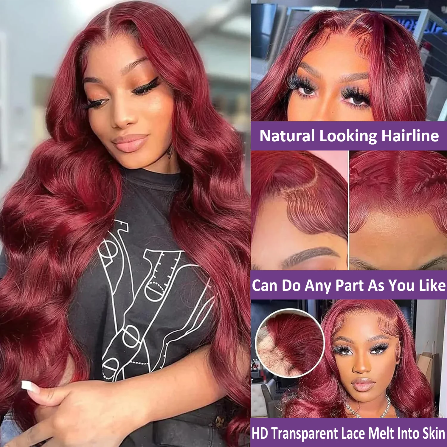 30 Inch 99J Burgundy 13x4 Transparent Body Wave Lace Frontal Human Hair Wigs 220% Density Red Colored Full Frontal Wig For Women