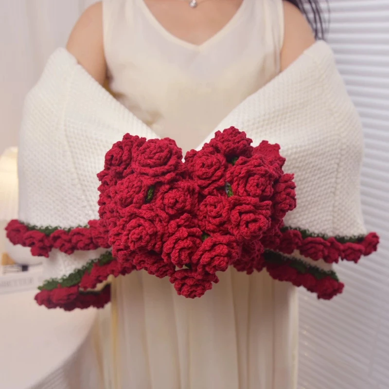 

Pointed Rose Knitted Bouquet Blanket, Handmade Crochet Bridal Throw, Artificial Floral Sofa Cover, Creative Home Decor Accent