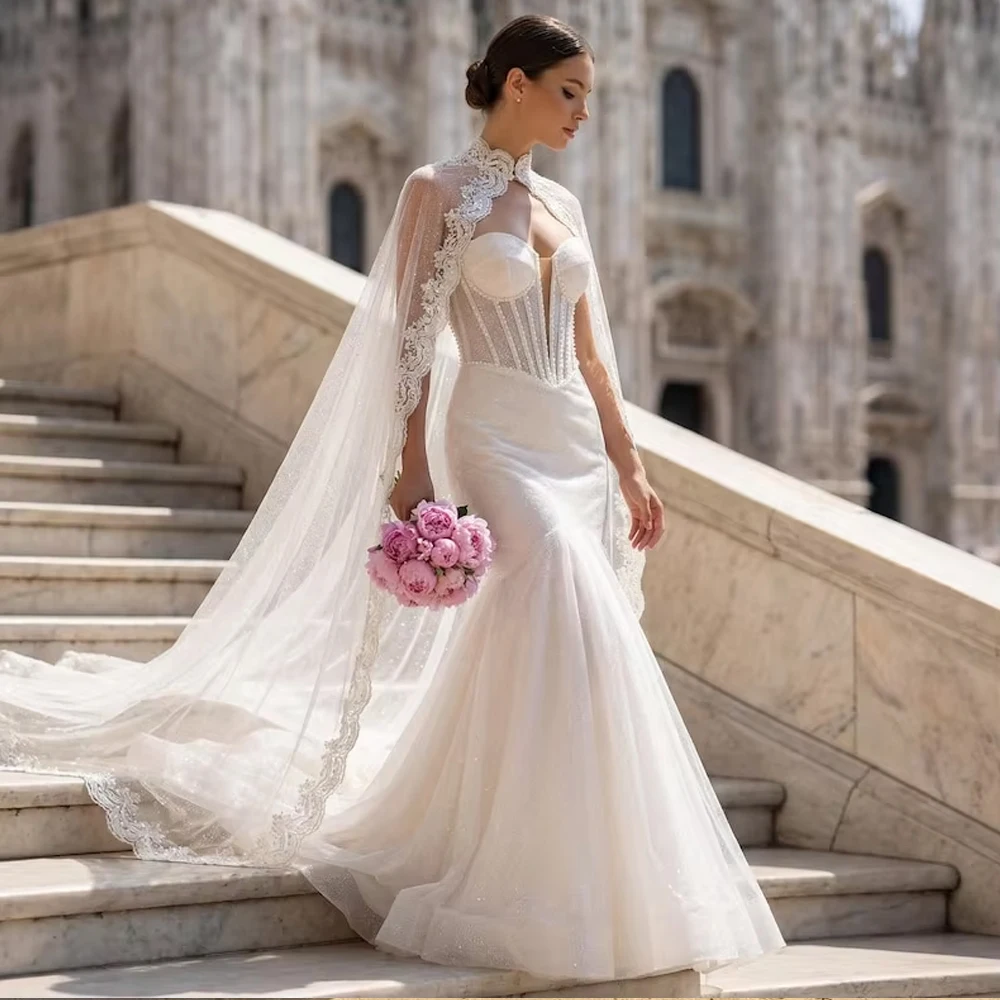 Beaded Lace Hem Long Bridal Wrap Cape Wedding Cape Women Jacket Sheer Tulle Customized image 4