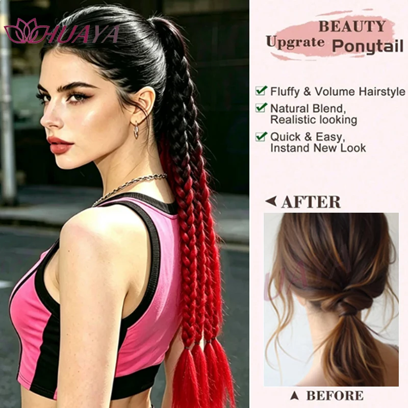 Women Synthetic Prebraided Ponytail Extension Glitter Tinsel Ombre Gradient Box Braid Wig for Cosplay Festival Party