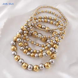 MHS.SUN Fashion 3-10mm Stainless Steel Elastic Beads Bracelets Smooth Gold Plated Stackable Jewelry Waterproof For Women Men