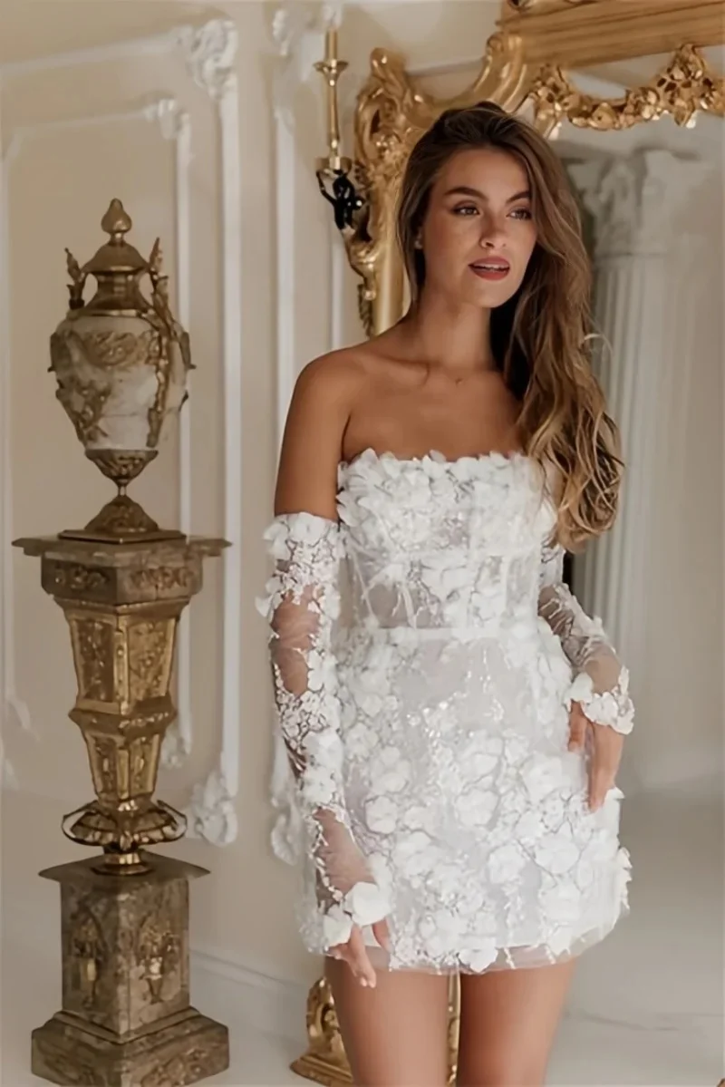 Women\'s Short Wedding Dresses Lace Floral Appliques Bridal Gown Strapless with Detachable Long Sleeves Flowers Prom Dress