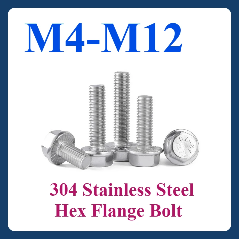 

M4 M5 M6 M8 M10 M12 304 Stainless Steel Hex Flange Bolt (1/2/5/10/20Pcs) Serrated Flange External Hexagon Head Hexagon Bolt