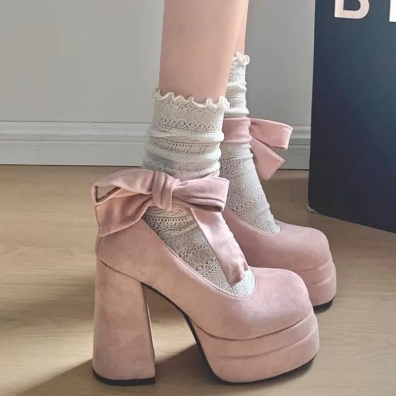 Platform High Heels Mary Jane Shoes Chunky Heel Lolita Pumps, Pink Bow Shallow Mouth Elegant, Party Cosplay Footwear Women Shoes 3