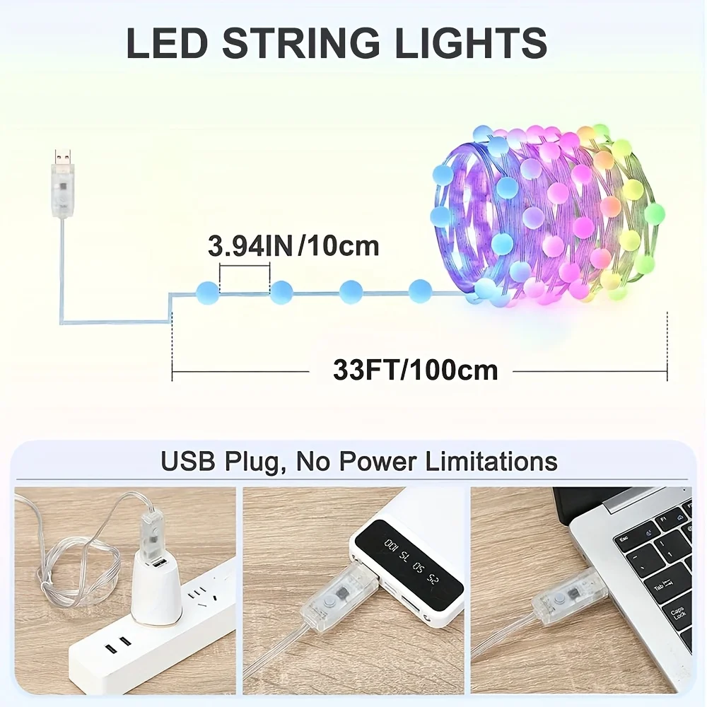 USB grande LED Bead LED String Light APP Sincronizzazione musicale, lucine che cambiano colore per decorazioni natalizie per feste interne ed esterne