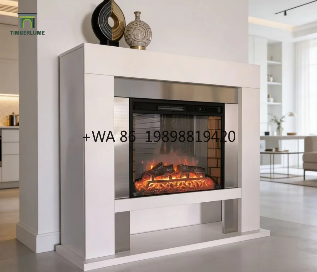 Modern Frankfurt Fireplace Mantel with Log Fuel Effect Electric Fireplace Surrounded with Stainless Steel Complete Set