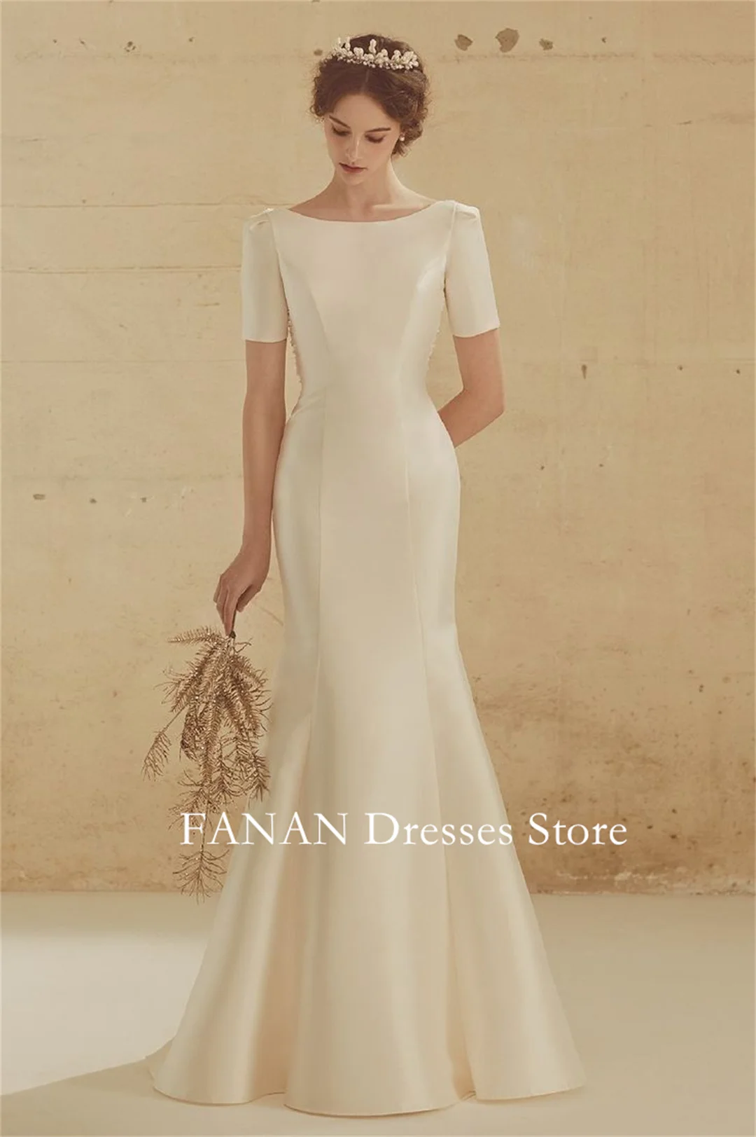 

FANAN Korea Boat Neck Ruched Ivory Satin Mermaid Wedding Dresses 웨딩드레스 Customized Princess Corset Bride Gowns Plus Size