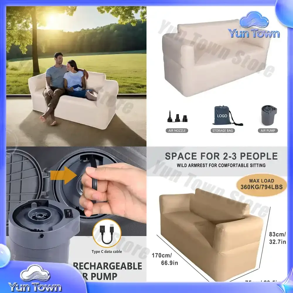 Portable Nylon Fabric Inflatable Air Lounger Sofa With Rechargeable Built-in Electric Pump Backrest Inflatable Chair Home