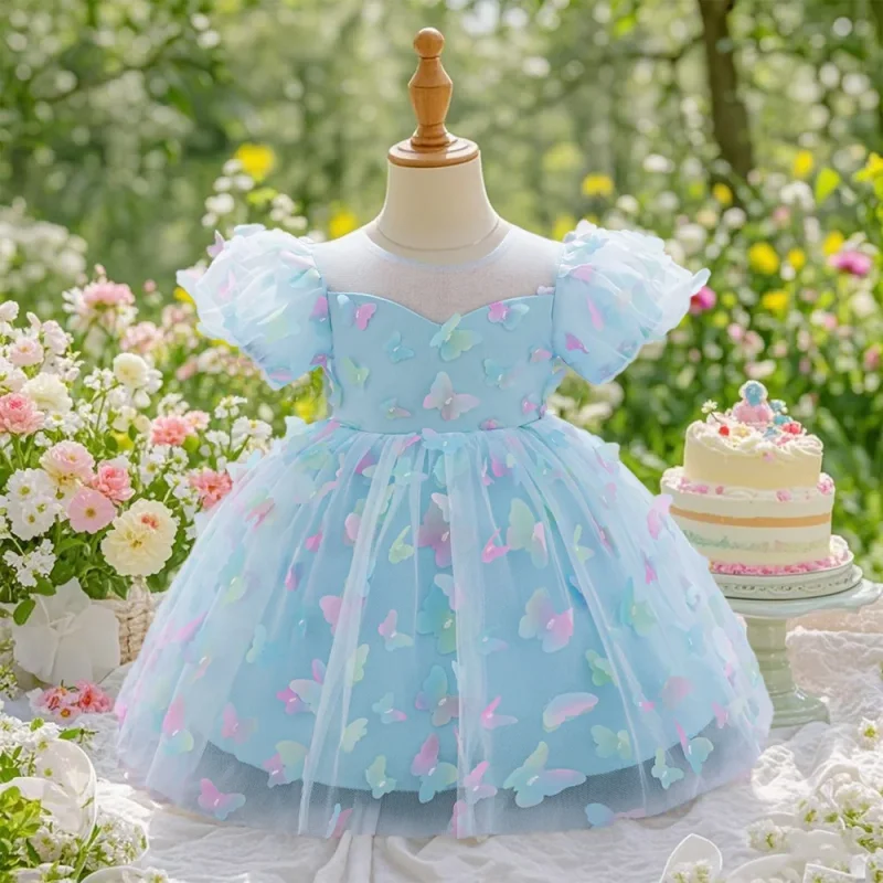 

Розовое платье принцессы с принтом бабочек для маленьких девочек, платья для первого дня рождения, свадебные платья-пачки для младенцев, новое кружевное платье